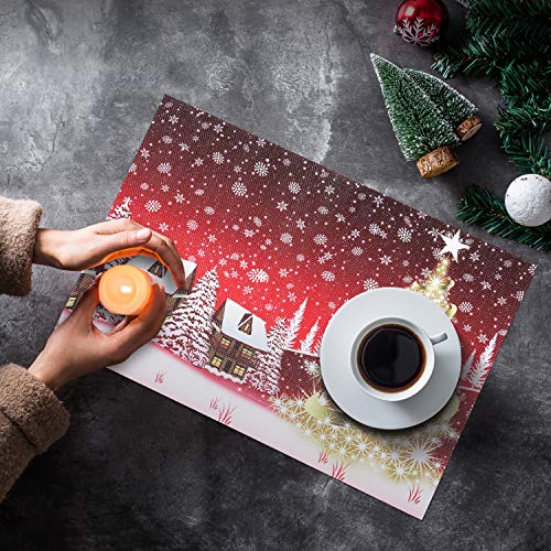 Homing Christmas Placemats for Dining Table Set of 6, Insulation Gold Xmas Tree Red Winter Landscape Holiday Place Mats for Kitchen Decor, Washable Heat-Resistant, 12x18 Inch