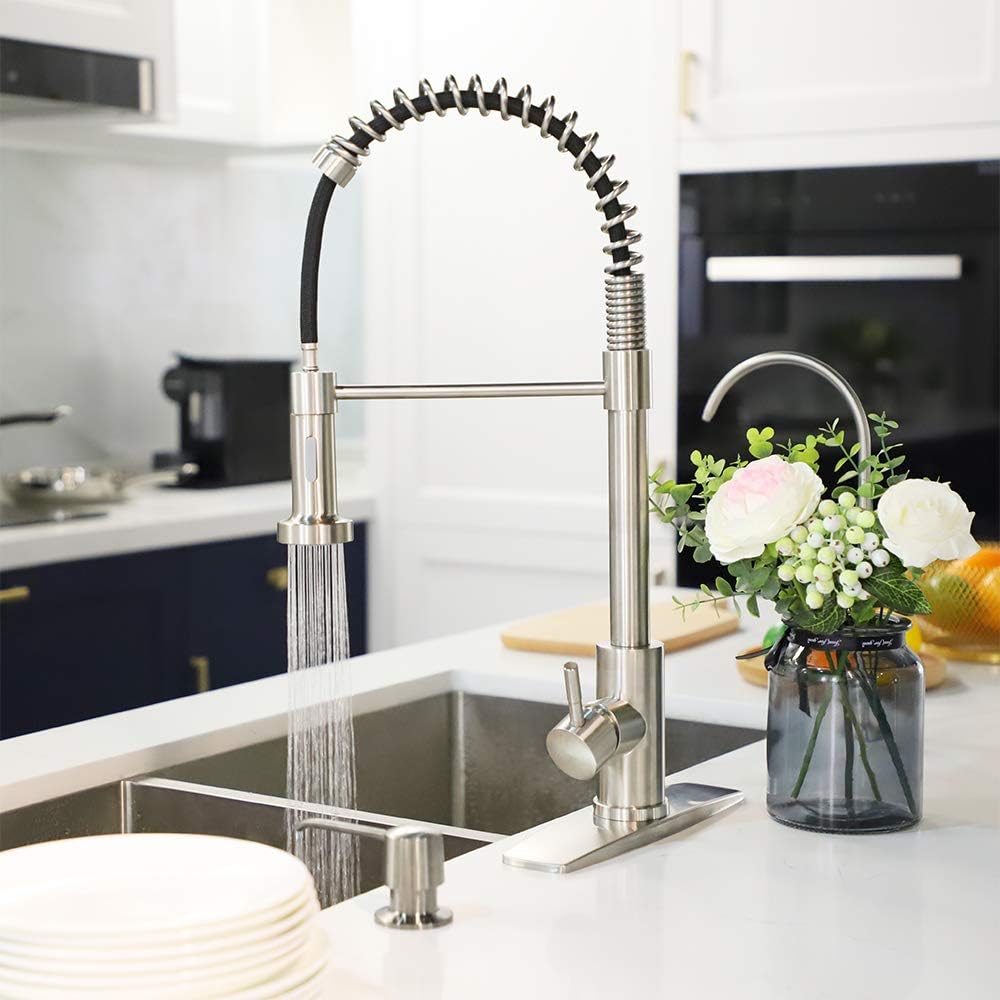 FORIOUS Kitchen Faucet with Pull Down Sprayer, Commercial Spring Kitchen Sink Faucet with Pull Out Sprayer, Single Handle Kitchen faucets with coved Plate, Brush Nickel - - 