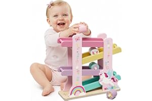 Lehoo Castle Wooden Car Ramp Toys for 1 Year Old Girl Birthday Gifts, Unicorn Montessori Toys for One Year Old, Wooden Race Track with 4 Rollers, for Toddlers 1-3 Year Old