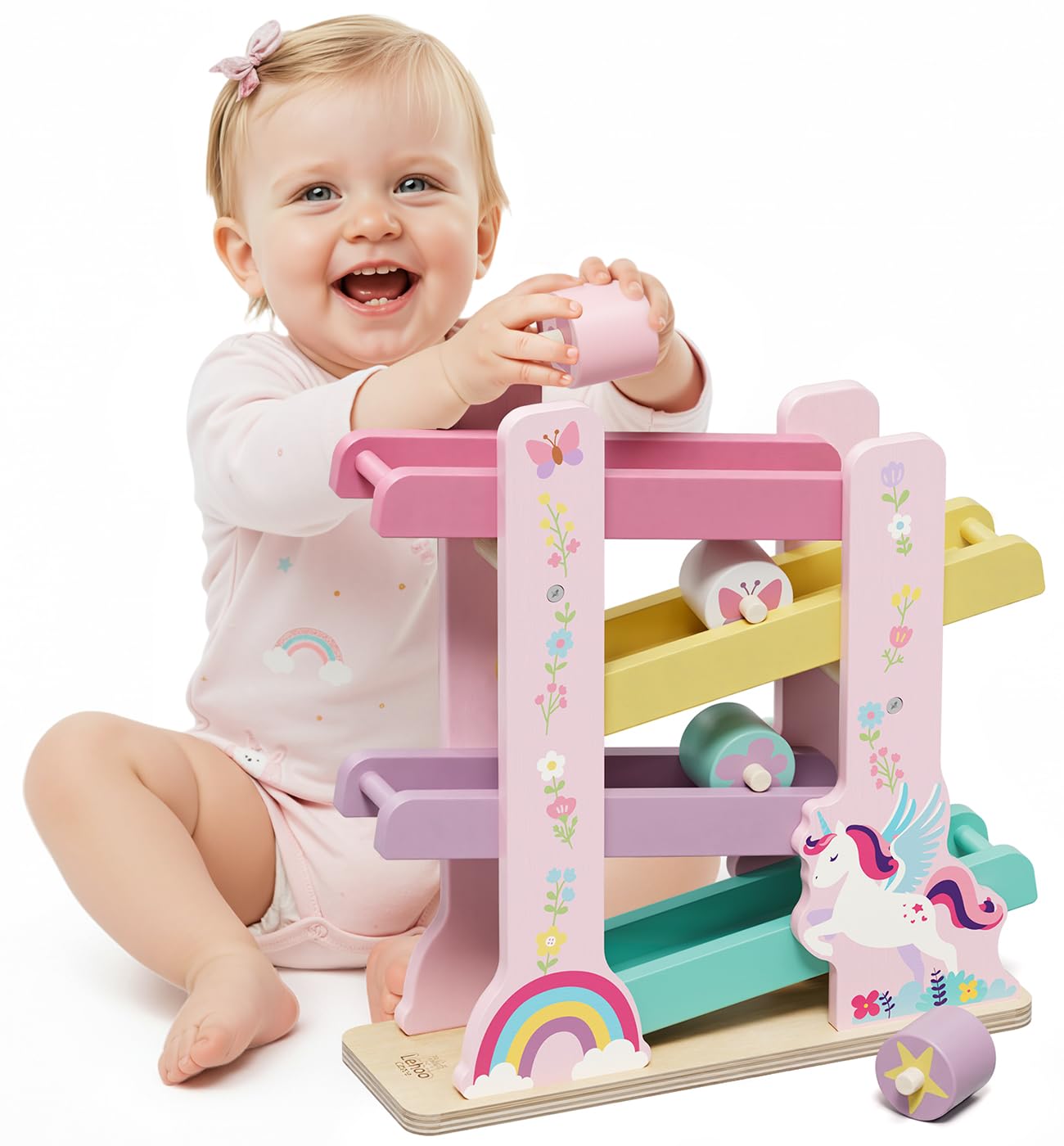 Lehoo Castle Toddler Wooden Ramp Autism Toys for 1 2 Old Girls, Baby Sensory Montessori Unicorn Toys Gifts for 1-2 Year Old Girls Boy with 4 Rollers