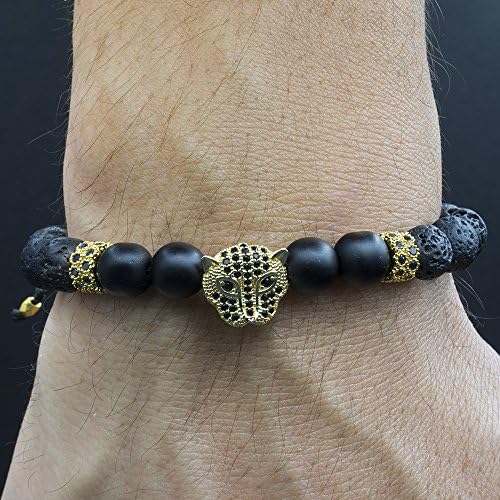 Mens Bracelets, Beaded Bracelet, Tiger, Panther, 8 mm Onyx, Lava, Bracelet Homme, Cubic Zirconia, Gift Box, Free Shipment for US, Worldwide Shipment, Handmade, Healing Crystal, Gemstone, Black, Gold