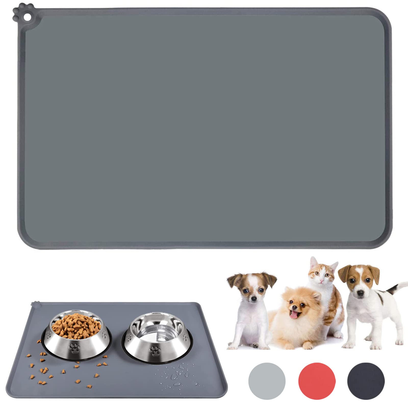 Jiuhao Non-Slip Cat and Dog Feeding Mat, Waterproof Dog Placemat - Grey (19inx12in)