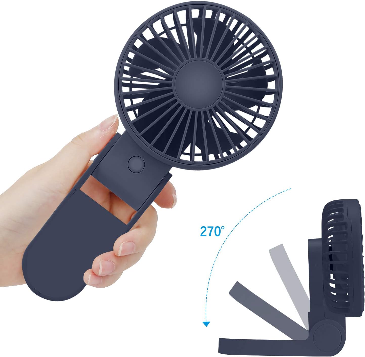 Tripole Mini Handheld Fan USB Portable Fans Rechargeable Battery Operated Foldable Desk Fan 3 Speed Hanging Personal Fan for Home Office Indoor Use Outdoor Travel,Deep Blue