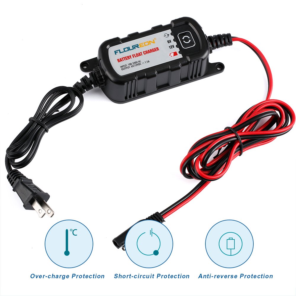 FLOUREON 6V/12V 1.5Amp Car Battery Charger Maintainer with LED Indicators Auto Trickle Charging for Automotive Vehicles Lawn Mower Boats RV AGM
