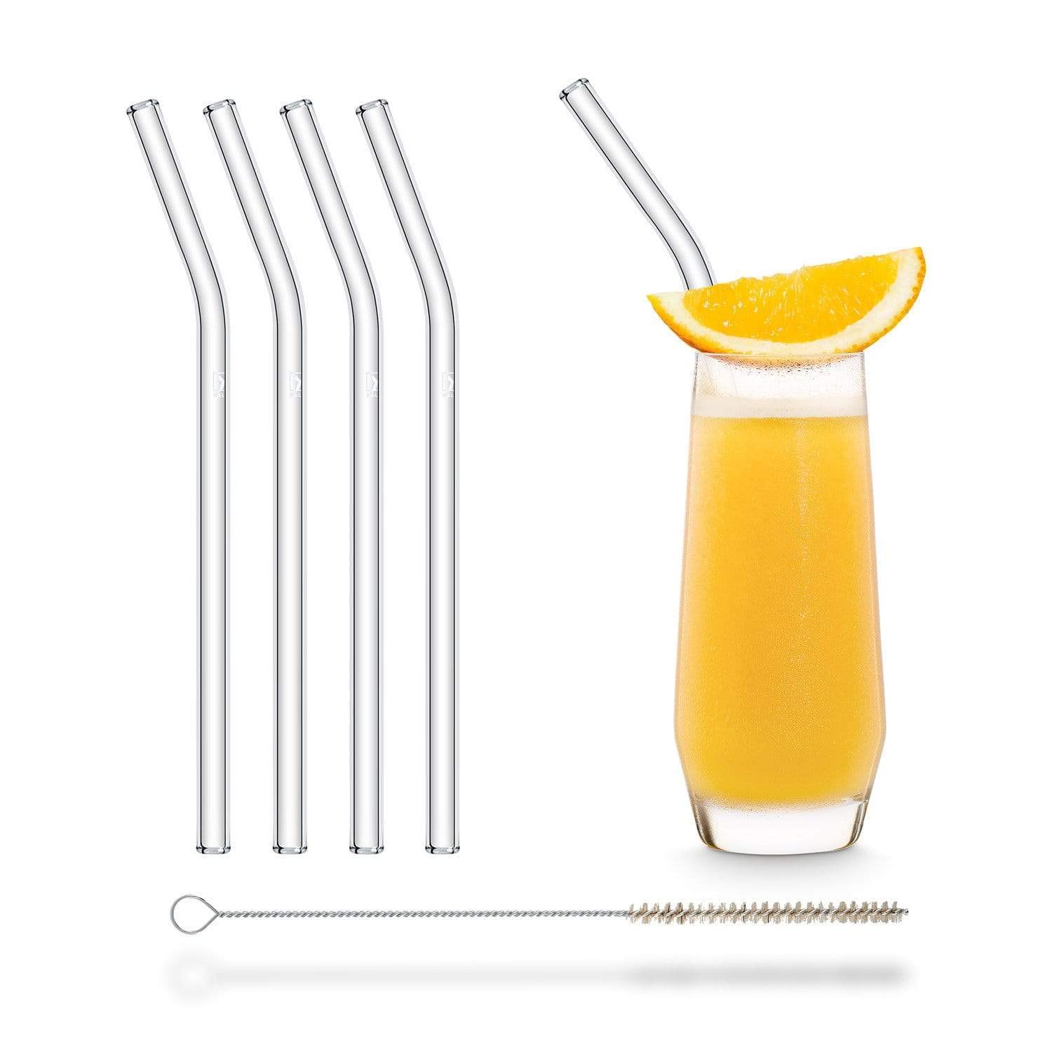 Halm Glass Drinking Straws Reusable Sipping Tube - 4 Pieces Curved 20 cm + Plastic-Free Cleaning Brush - Dishwasher Safe - Sustainable - Glass Sipping Tubes Glass Straws