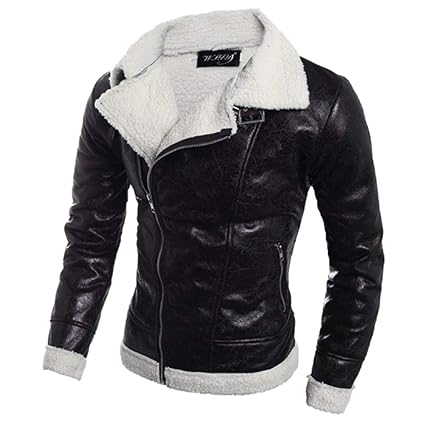 MAYOGO 2018 Lederjacke Männer Schwarz und Braun Winter Sale Leder Jacke Herren mit Fell Kragen Warm Gefüttert Diagonaler Reiß