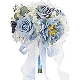 Dusty Blue Wedding Bouquets for Bride Bridesmaid,White Navy Blue Artificial Fake Silk Roses Flowers Bridal Bouquets for Wedding Boho Rustic French Vintage Church Decoration Toss Bouquet (8.6in(M))