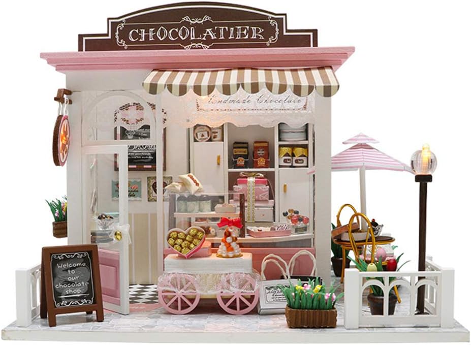 fuchsiaan Doll House Miniature Chocolate Shop MIni House Kit with LED, Handmade Wooden DIY Crafts Desk Decor Kids Toy Decor, for Kids and Adults New Year Christmas Birthday Gift