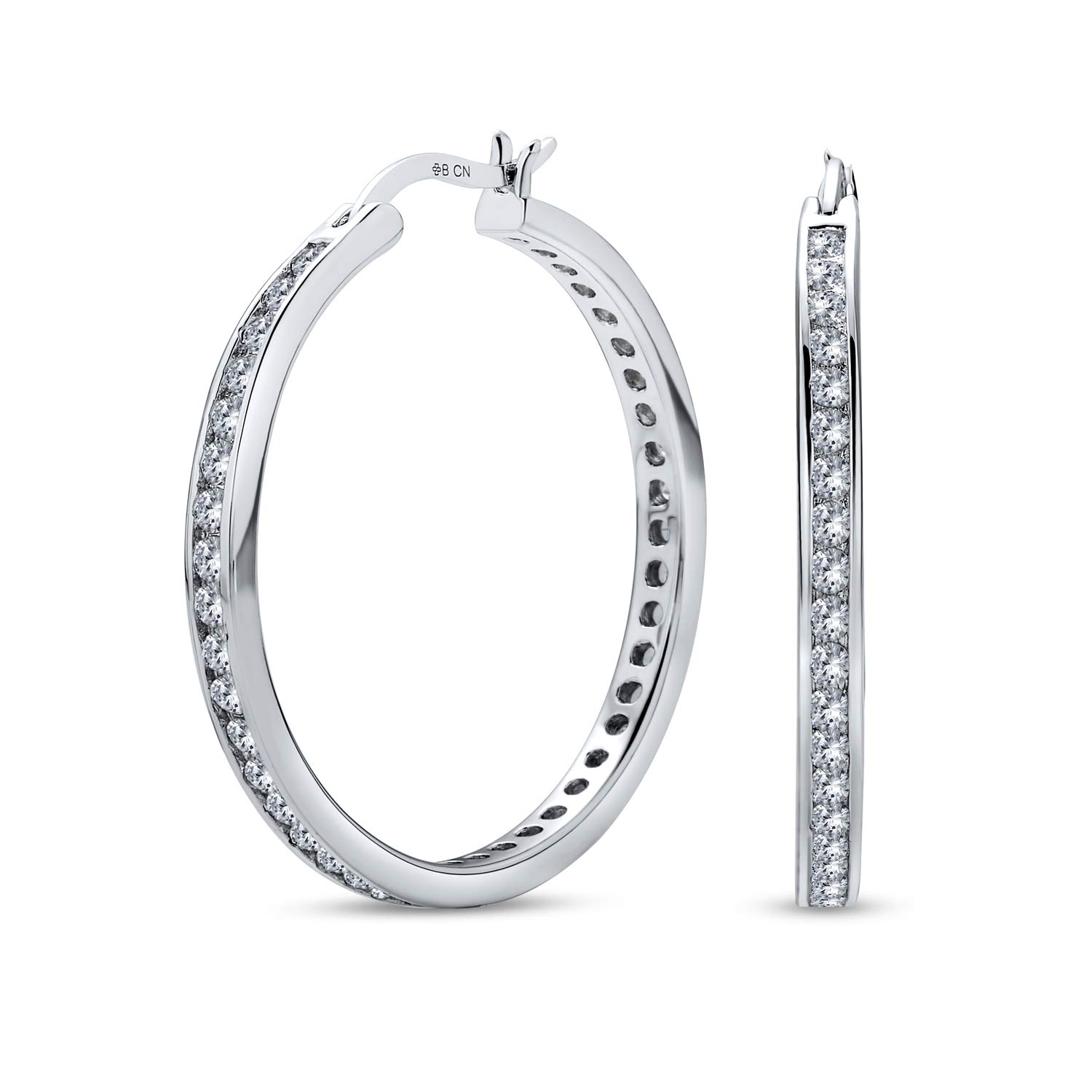 Cubic Zirconia Pave CZ Large Statement Big Hoops Earring For Women Rhodium Plated .925 Sterling Silver 1.5 Inch Diameter
