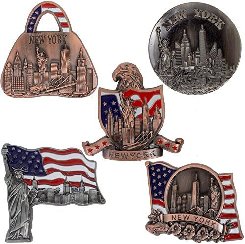 New York Souvenir - 5 Metal Fridge Magnets – Freedom Tower, Statue of Liberty, Empire State Building, Brooklyn Bridge and Landmark Skylines – Beer Opener - NY Collections - Bronze Color