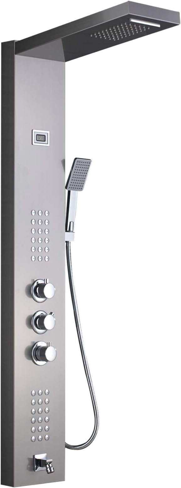 Onyzpily Thermostatic Shower Panel Column Tower System Rainfall Waterfall Shower Head with Handheld Spray Massage Jets Bathtub Spout Wall Mounted Stainless Steel Shower Tap Mixer