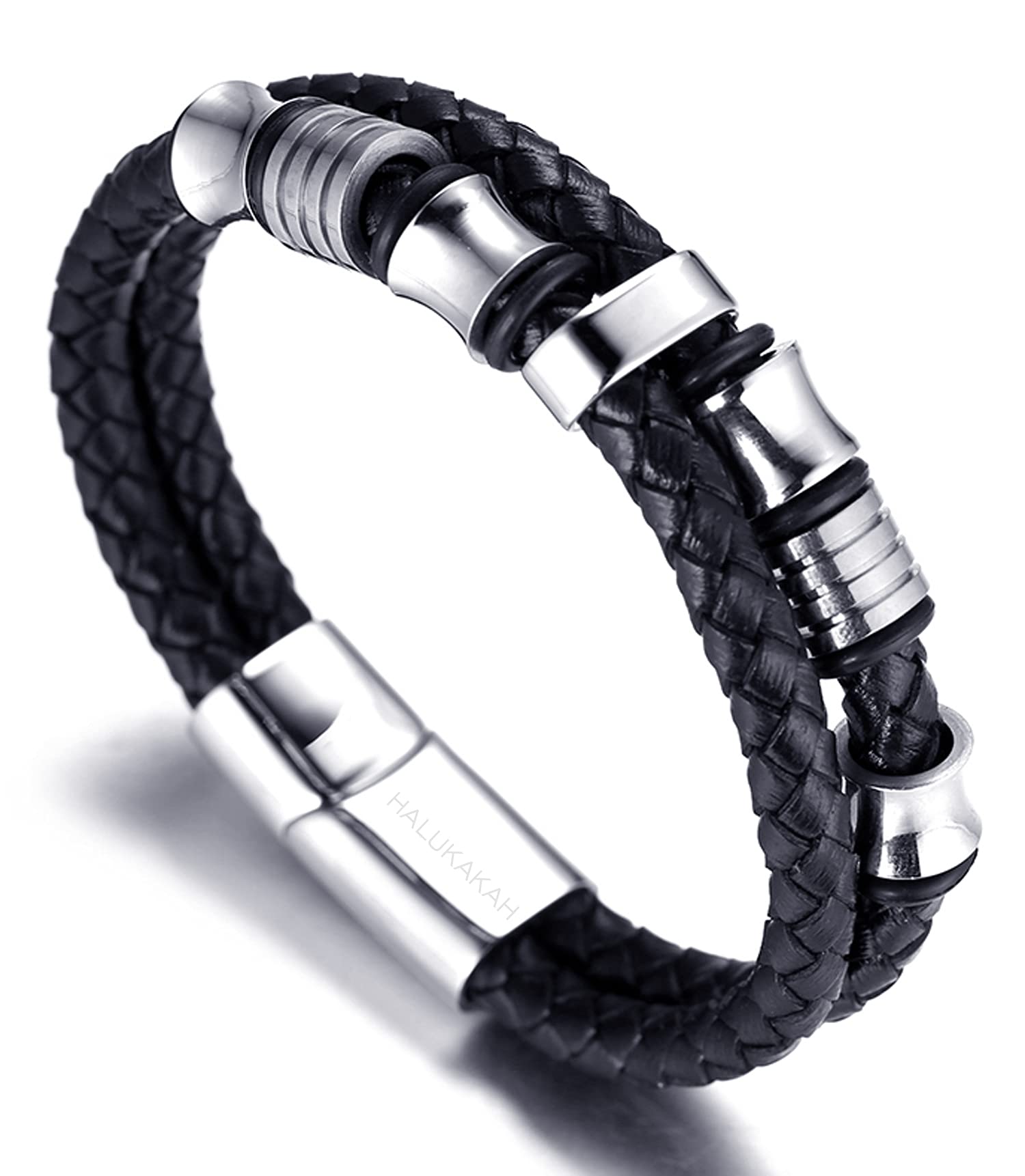 HALUKAKAH Kids ● Honour Junior ● Boy's Genuine Leather Bracelet 6-12 Y/O. with Titanium Beads Silver Magentic Clasp 7"/18cm with Free Giftbox