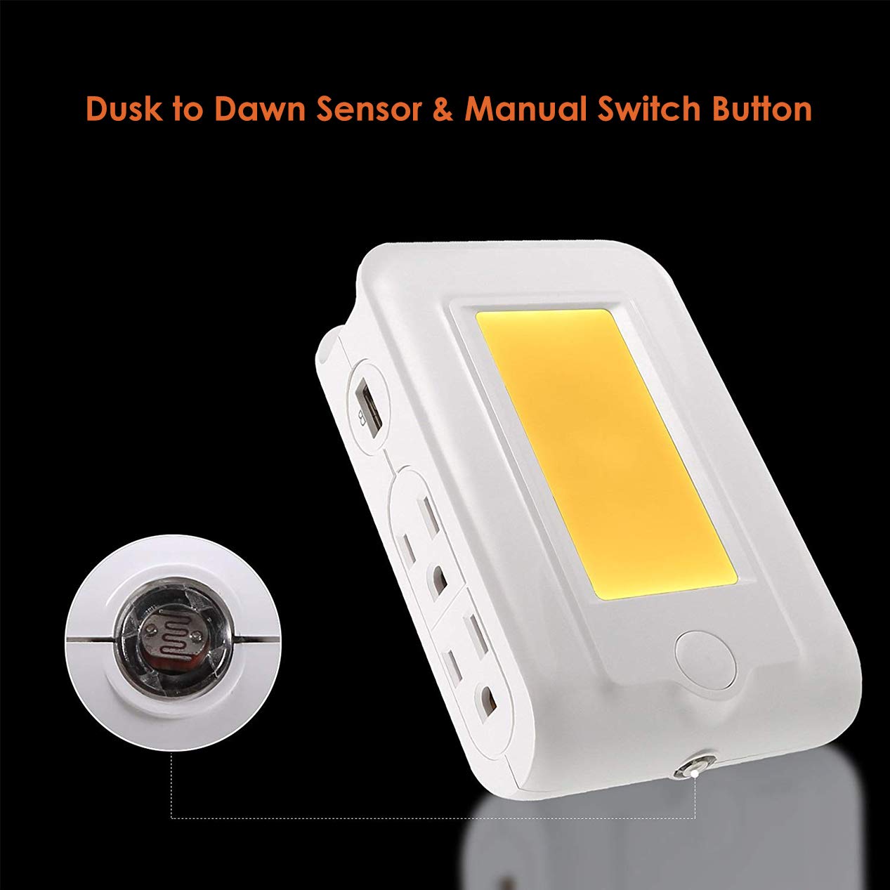 DEYIOU Wall Mount Outlet with Dusk to Dawn Night Light, 2 USB Ports & 4 AC Outlets Charging Station, Power Socket Extender with Phone Holder