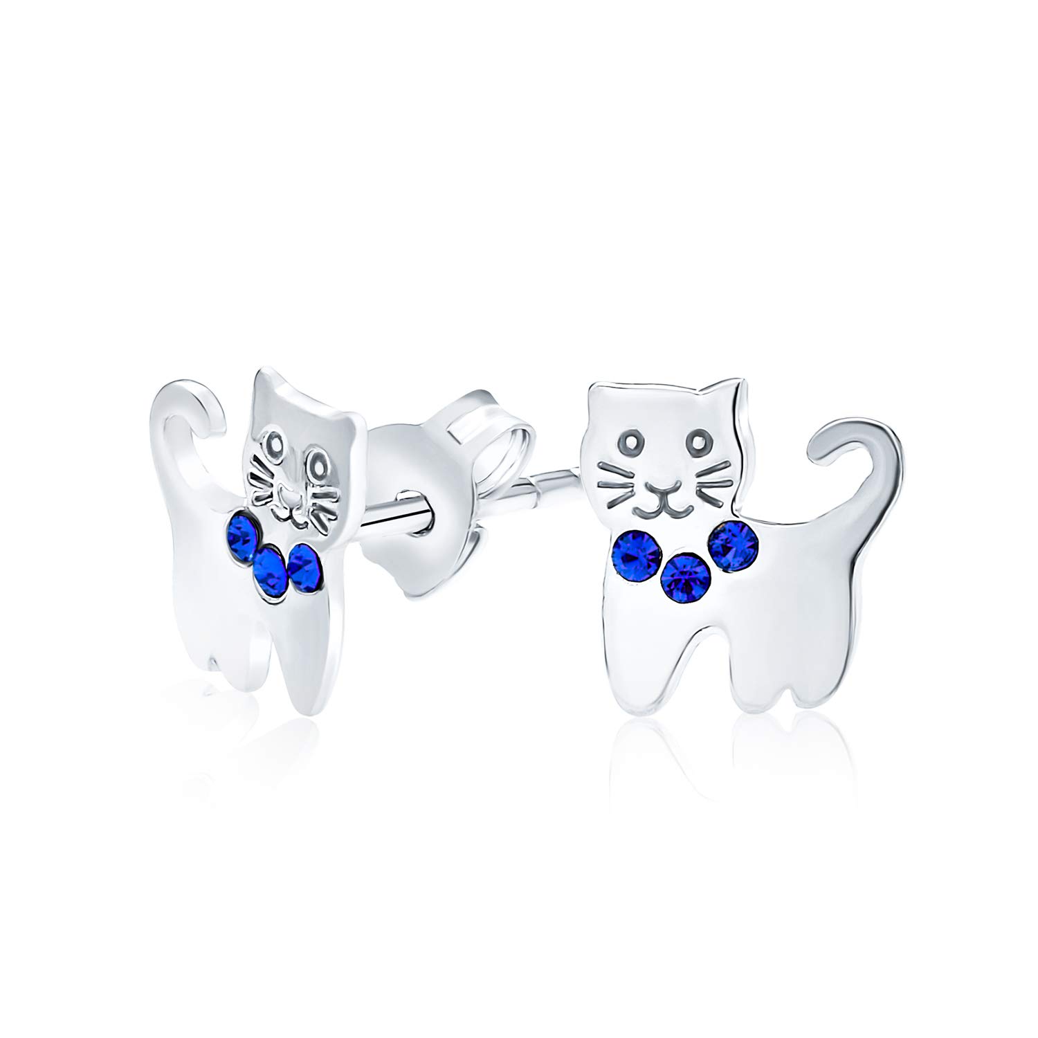 Mini Petite Blue Crystal Jeweled Collar Kitty Kitten Animal Pet Cat Stud Earrings For Teen Women .925 Sterling Silver