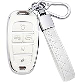 Kespevn for Hyundai Key Fob Cover 5 Button Soft TPU with Leather Keychain 360 Degree Protection Car Key Case Shell Holder Fits for 2023 2022 2021 2020 Hyundai Sonata Santa fe Tucson, B White