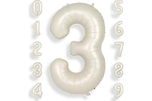 SUWEN 40 Inch Cream White Large 3 Number Balloons Big Foil Helium Number Balloons 0-9 Jumbo Happy 3rd Mylar Birthday Party Decorations for Boy or Girl Anniversary Party Supplies