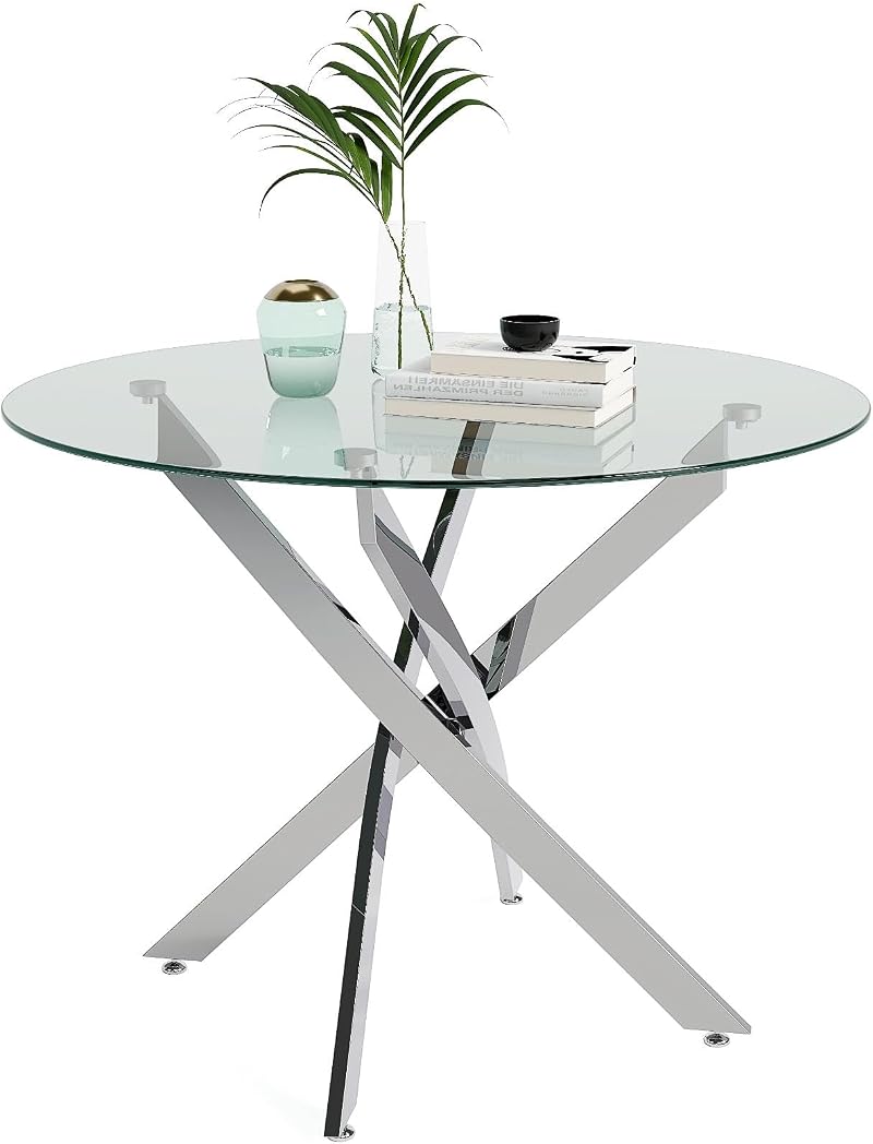 GOLDFAN Round Glass Dining Table 100 cm Chrome Legs 8mm Tempered Glass