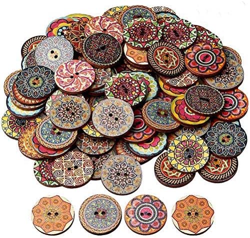 HSAN 100 Pcs Wood Buttons, Mixed 2 Holes Buttons 1 Inch Buttons Vintage Assorted Buttons Decorative Buttons Flower Buttons Round Buttons for DIY Sewing Craft