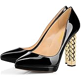 FSJ Women Gold Metal Chain Chunky High Heel Pointed Toe Slip On Fashion Party Prom Pumps Wedding Sexy Shoes Size 4-15 US
