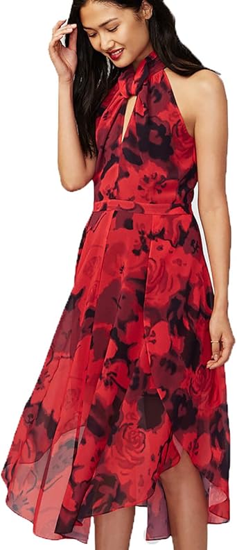 red chiffon midi dress