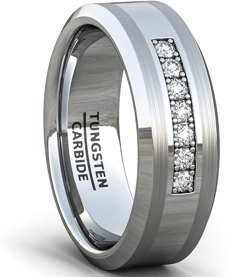 Duke Collections Mens Wedding Band 8mm Polished Tungsten Ring with Cubic Zircon Stones Beveled Edge Comfort Fit