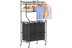 MWQ Laundry Hamper with Wheels, 42 Gal (160L) Rolling Laundry Sorter Cart with Shelf and Hanging Rack, 3 Section Basket Organizer, Black