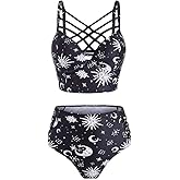 JMSUN Women's Bikini Summer Bathing Suit Sun Star Moon Lattice High Waisted Tankini Swimsuit
