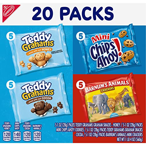 NABISCO FUN SHAPES VARIETY PACK, BARNUM’S ANIMAL CRACKERS, TEDDY GRAHAMS AND CHIPS AHOY! COOKIES, 20 SNACK PACKS