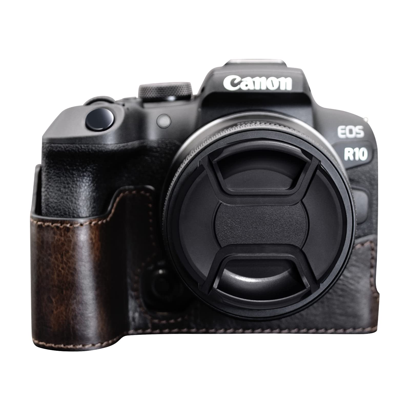 MUZIRI KINOKOO EOS R10 Protective Case Compatible for Canon EOS R10 Mirrorless Camera - Genuine Leather Half Bottom Case with Hand Grip Design - Coffee