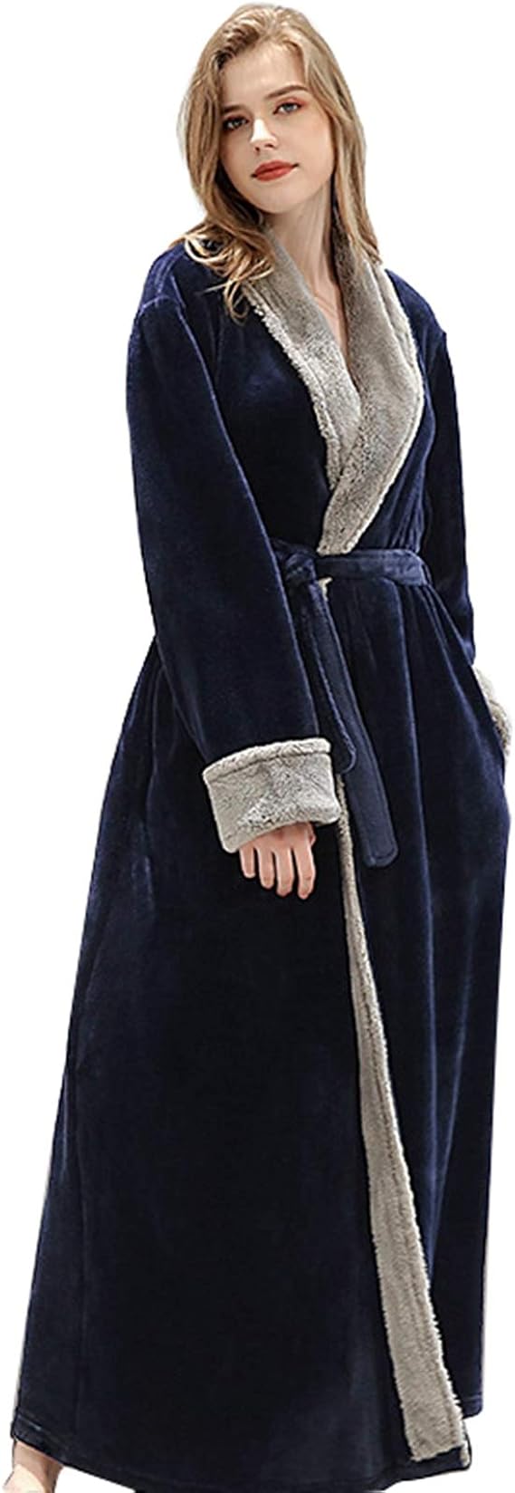 Amazon Bverionant バスローブ ガウン レディース ナイトガウン 高級 パジャマ メンズ 毛布 冬 ルームウェア 部屋着 長袖 バスローブ 厚手 インナーウェア 風呂上り ロング もこもこガウン 大きいサイズ 腰ベルト付き ネイビー バスローブ 通販