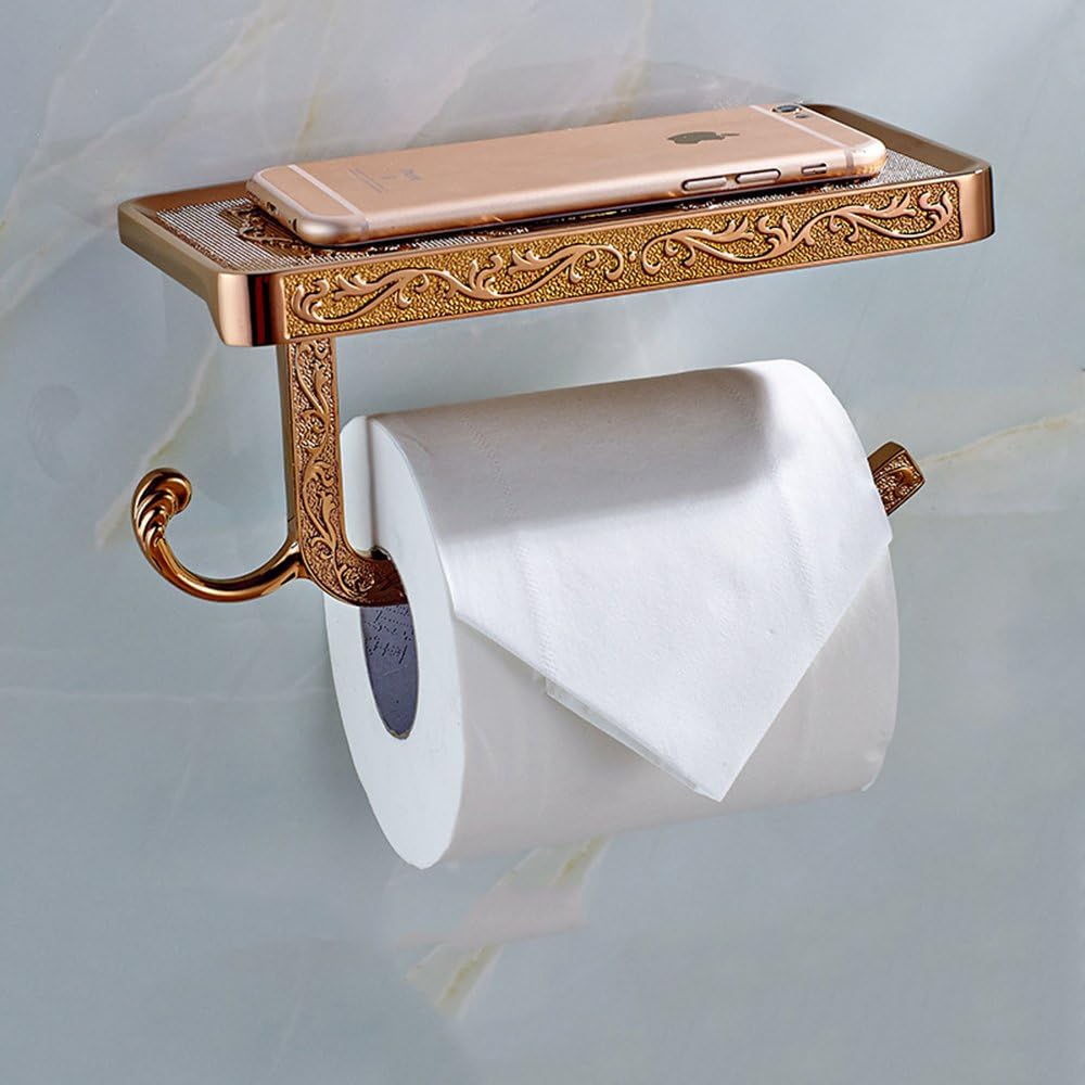 Clavi Chrome Toilet Paper Roll Holder with Shelf Wall Mounted Metal Toilet Towel Tissue Holder Dispenser Storage Accessories for Bathroom Home, Retro Rose Gold