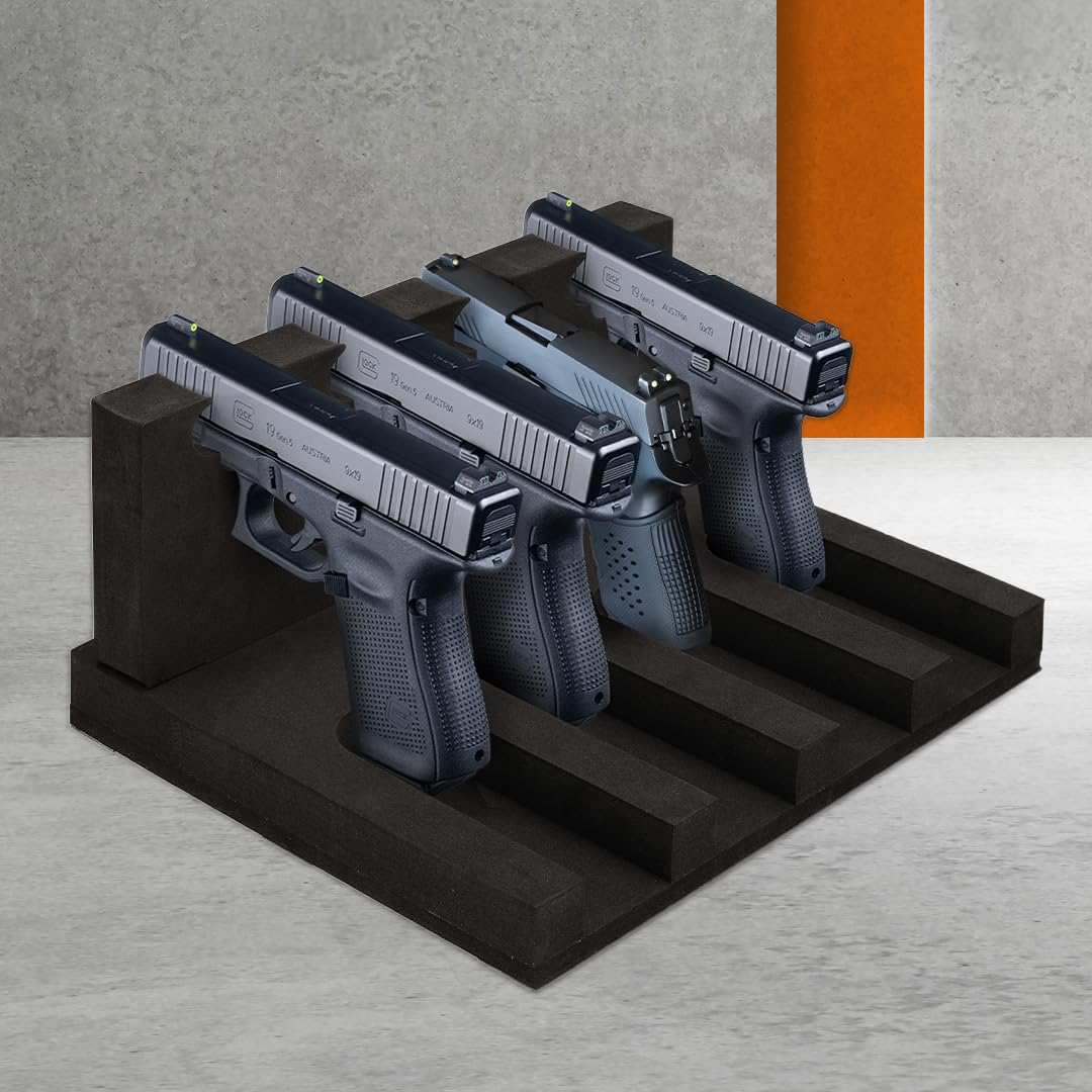 Brihard 3D Foam Pistol Rack (4 Holders) - Gun Rack Holder with Magnetic Strips for Stable Storage, Gun Safe Organizer, Handgun Stand for Gun Cabinet