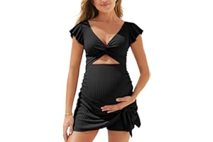 Summer Mae Ribbed Maternity One Piece Swimsuit Dress Cutout Bathing Suit with Built-in Pocket Short Swimwear Tie Knot Skirt