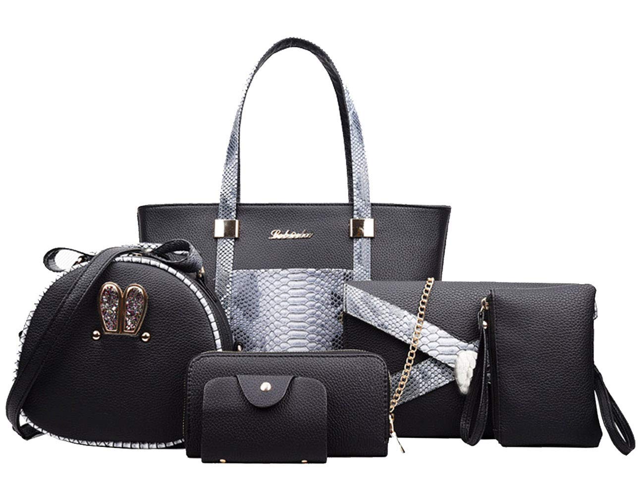 Rullar Women 6 Pcs Bag Set Stitching Handbag and Purse PU Top-Handle Bag Tote Clutch Wallet Card Holder Black