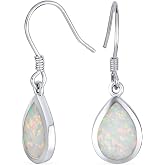 White Created Opal Teardrop Dangle Earrings .925 Sterling Silver Fish Hook | Rhodium Plated, Tarnish Resistant, Lightweight Comfort, Petite Profile, October Birthstone, Graceful Movement
