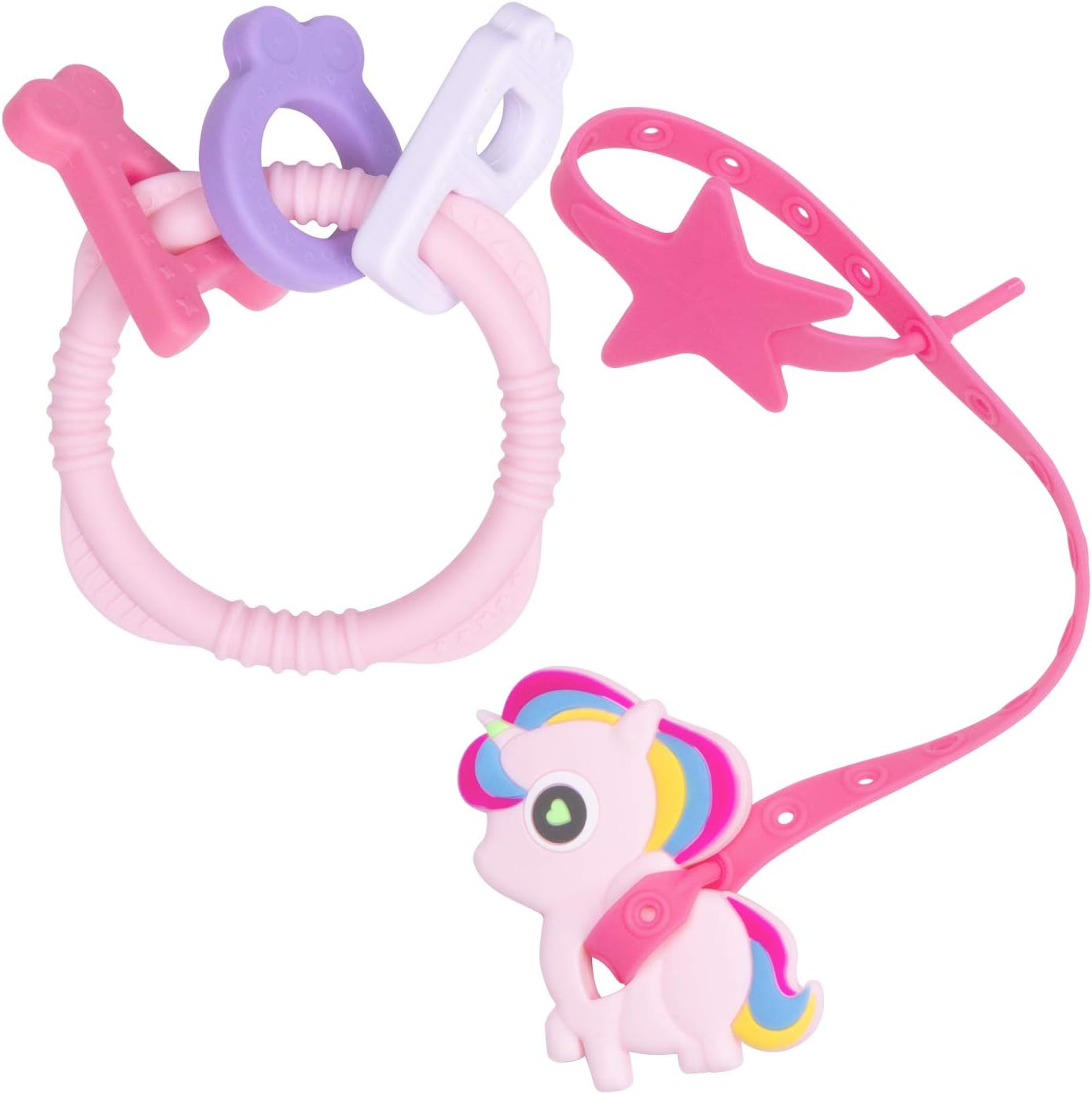 Qshare Baby Teething Toys, 100% Food Grade Silicone/BPA-Free Silicone Teethers with Pacifier Holder Set for Newborn Babies, Teething Pain Relief (Pink Unicorn)