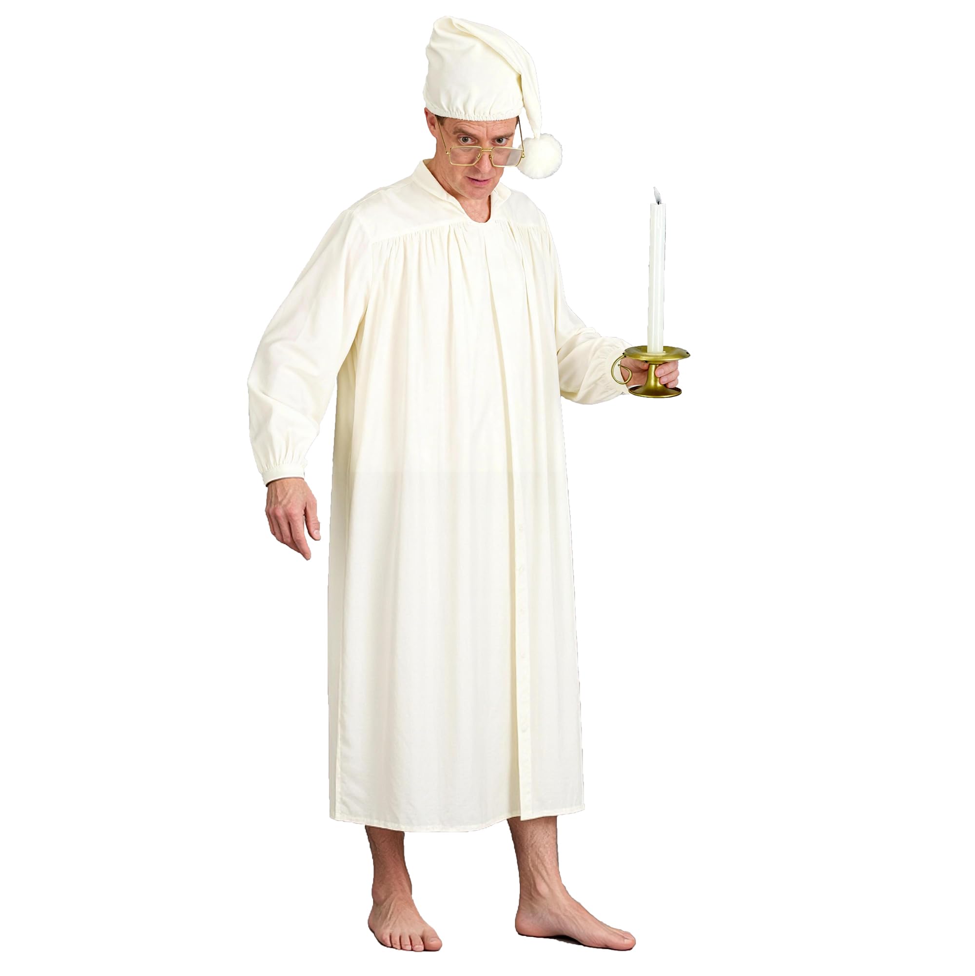 Voslett 5 Pcs Men Scrooge Costume Pajama Hat Glasses Candle Holder Halloween Christmas Carnival World Book Day Outfit Beige XS