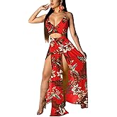 EOSIEDUR Women's Chiffon Bohemian Floral Printed 2 Piece Sets Crop Cami Top & Split Beach Party Maxi Dress