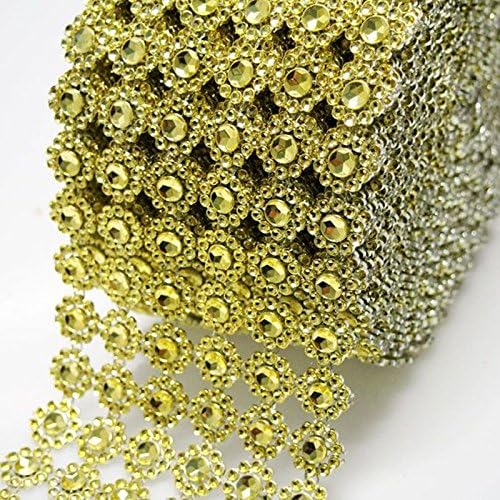 Ohah Diamond Flower Shape Mesh Wrap Roll Faux Rhinestone Crystal Ribbon 4" x 10 Yards (30 ft) (Gold)