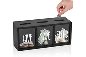 AMEUPHERCY Wooden Give Save Spend Money Saving Box for Kids, Countertop Kid Piggy Bank for Daily Cash, Wall-Mount Kids Banks for Bills and Coins, Visualized Piggy Bank for Bedroom, Living Room, Laundry Room…