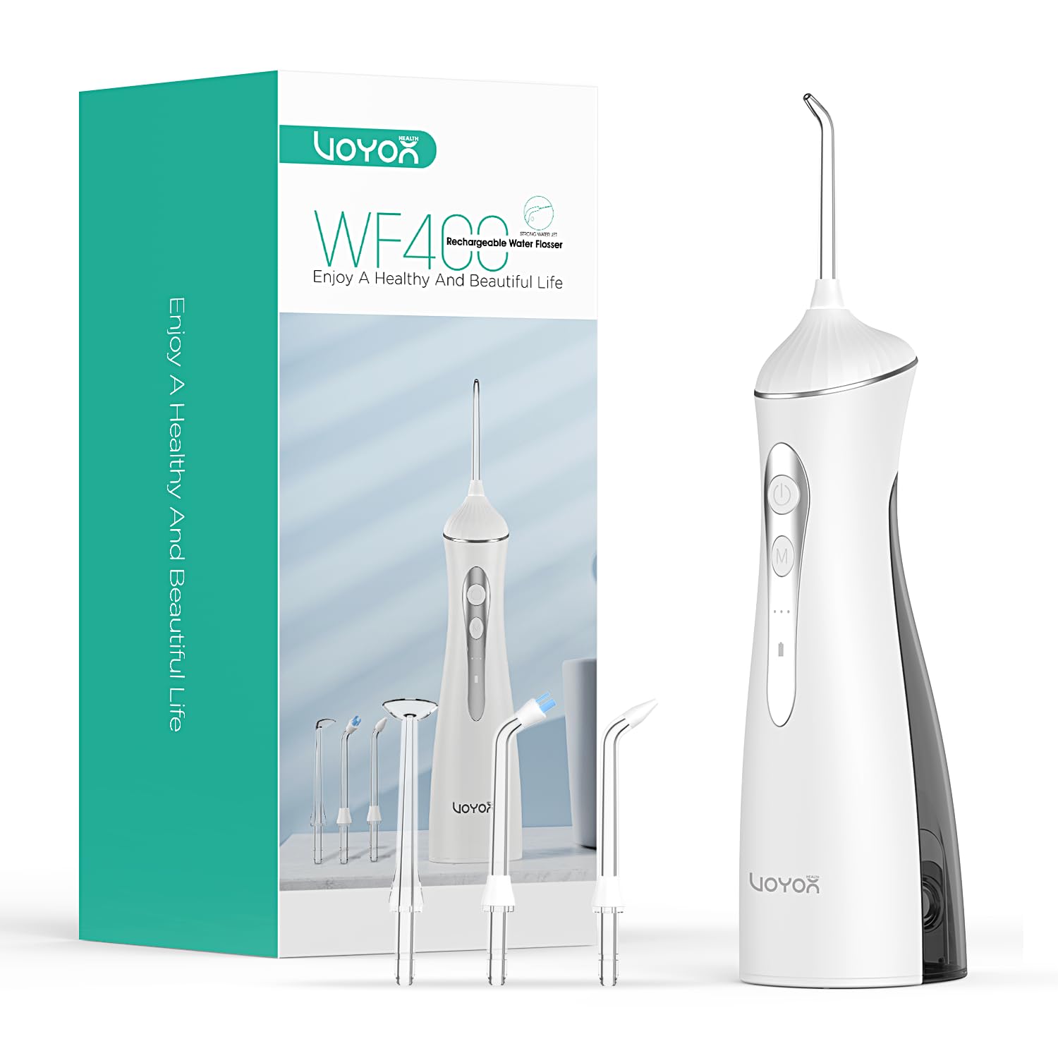 VOYOR-HEALTH Water Flosser for Teeth Cordless, Portable Oral Irrigator with 3 Modes 4 Jet Tips, IPX7 Waterproof Electric Dental Flosser, Water Jet Teeth Cleaner for Travel Home WF400 (Grey)