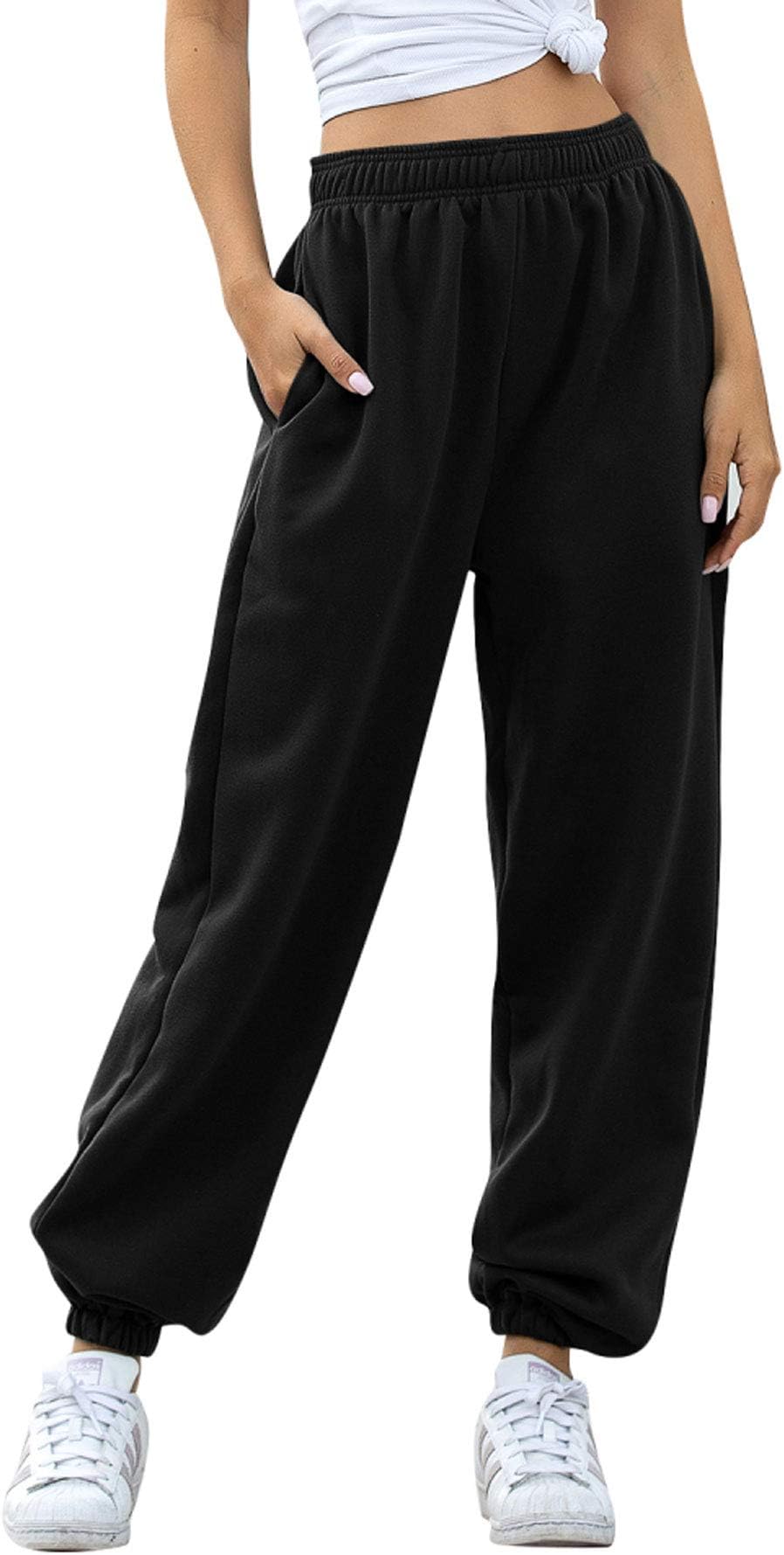 Amormio Women's Active Elastic Waist Cotton-Blend Baggy Workout Sweatpants Joggers Lounge Pants Sportswear