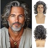 Dsimeig Men's Wig Grey Short Wavy Fluffy Cosplay Hair Wigs for Party Halloween Use