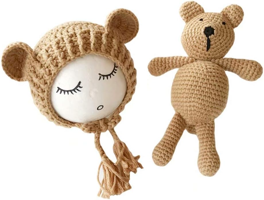 FRECOCCIALO Newborn Baby Boy Girl Knitted Crochet Hat Bear Doll Toys Set Costume Photo Photography Prop Outfits Deluxe Baby Gift 0-2 Months