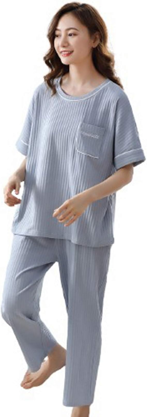 Amazon ルームウェア 2点セット 春夏秋 パジャマ レディース 薄手 柔らかい 寝巻き 半袖 ラウンドネック コットン 吸汗 通気 着心地良い ロングパンツ 着脱しやすい 大きいサイズ お風呂上り 旅行 室内服 寝間着 パジャマ ルームウェアセット 通販