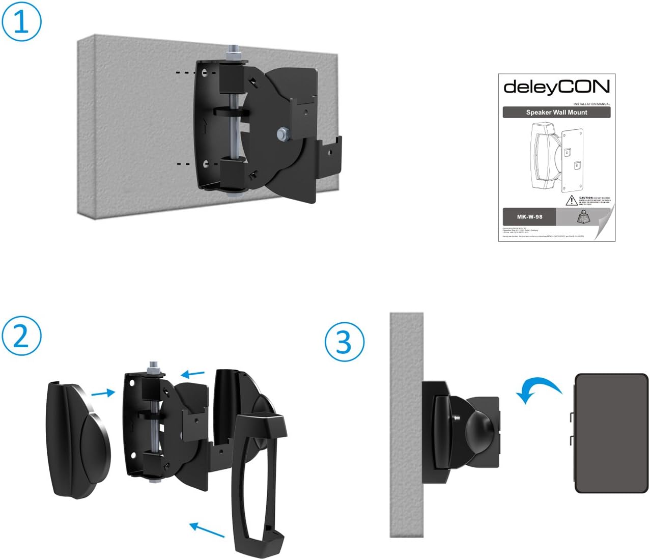 DeleyCON 2 X Universal Speaker Wall Mount Set Bracket Box Holder Pivoting Tilt Up To 10 Kg Ceiling Mounting Wall Mounting – Black