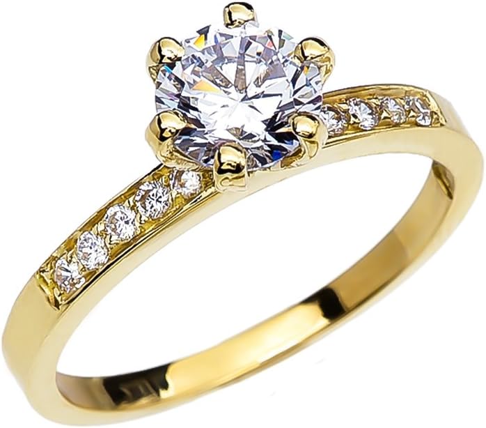 Diamond 10k Yellow Gold Engagement Ring with 1 Carat Solitaire White Topaz
