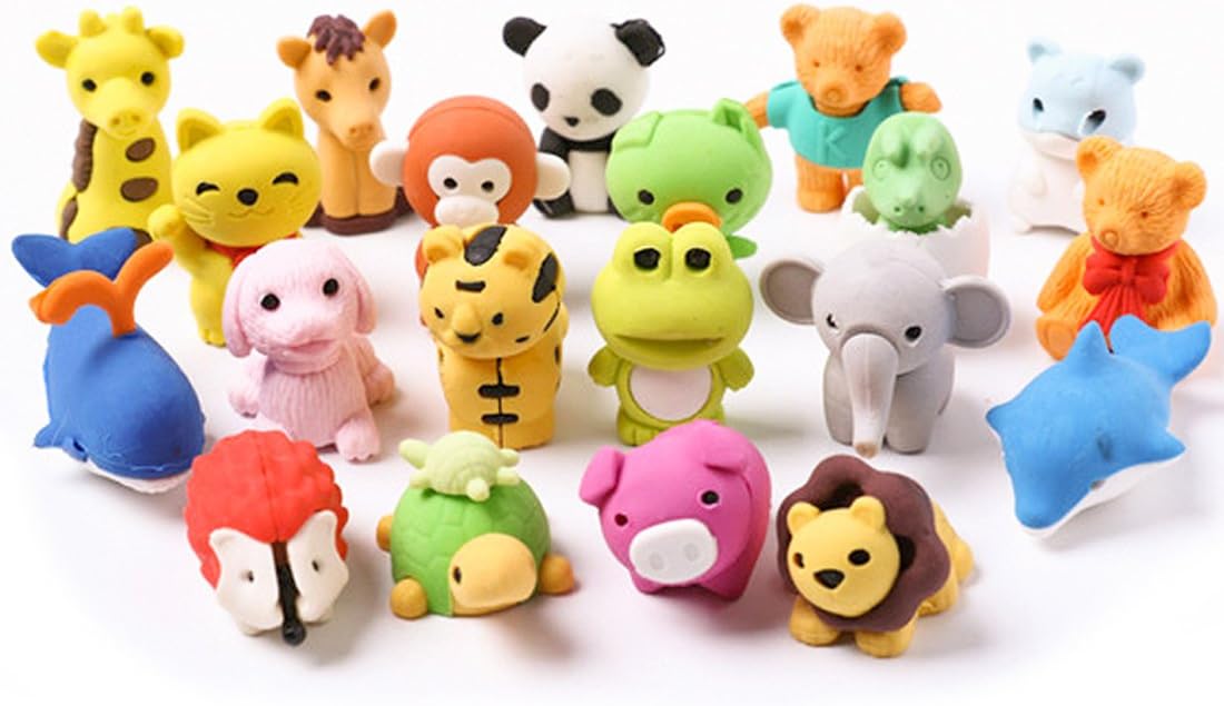 Lsushine 20 Animal Collectible Set of Random Adorable Animals Erasers Best for Kids Fun and Games
