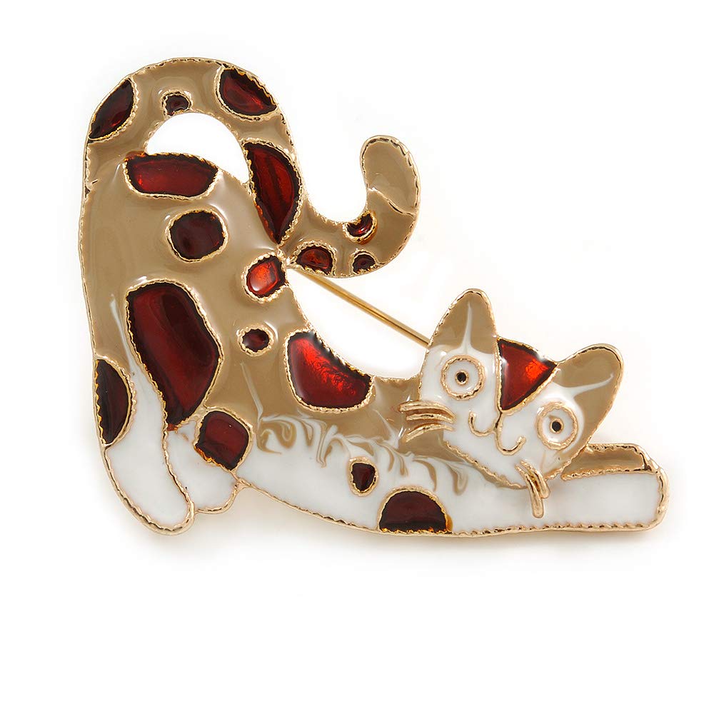 Beige/Brown/White Enamel Cat Brooch In Gold Tone Metal - 40mm Across