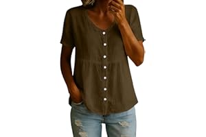 Cotton Linen Button Down Shirts for Women Short Sleeve V-Neck Peplum Gauze Tops Casual Fashion Babydoll Blouses